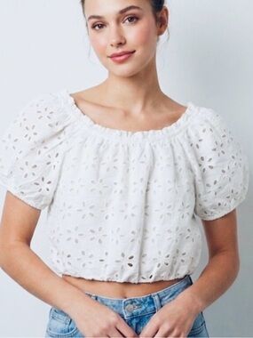 Jennifer & Grace NEW White Eyelet Puff Sleeve Crop Top Womens XS Coquette Girl